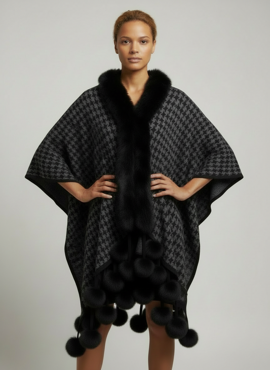 P341-Hounds Tooth Gray Shawl Cape