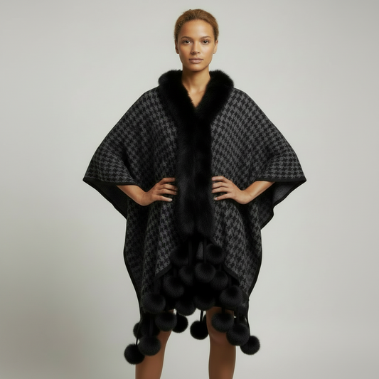 P341 Hounds Tooth Gray Shawl Cape