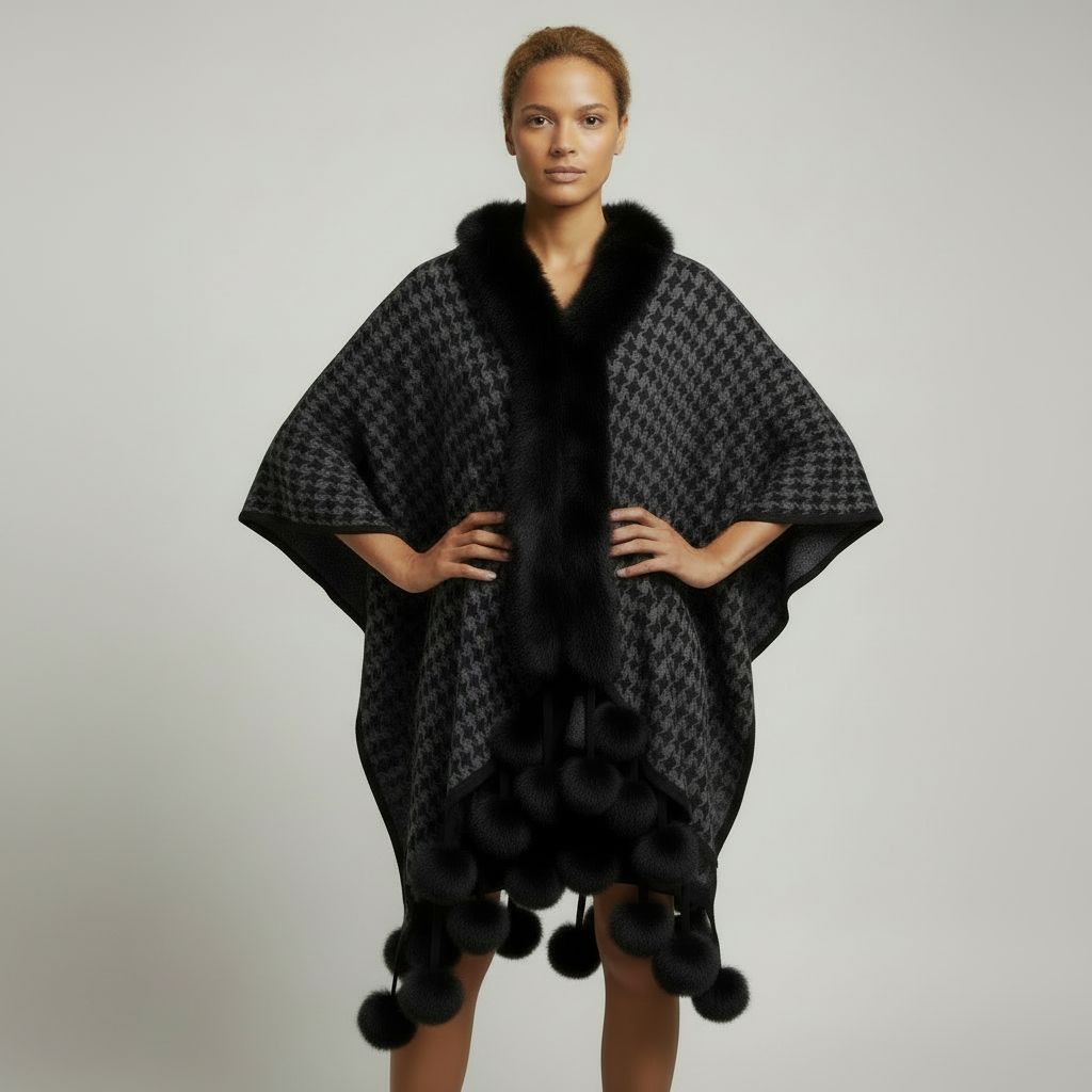 P341 Hounds Tooth Gray Shawl Cape