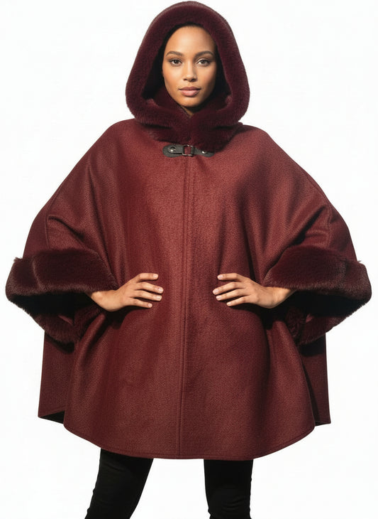 Hooded Faux Fur Shawl Poncho