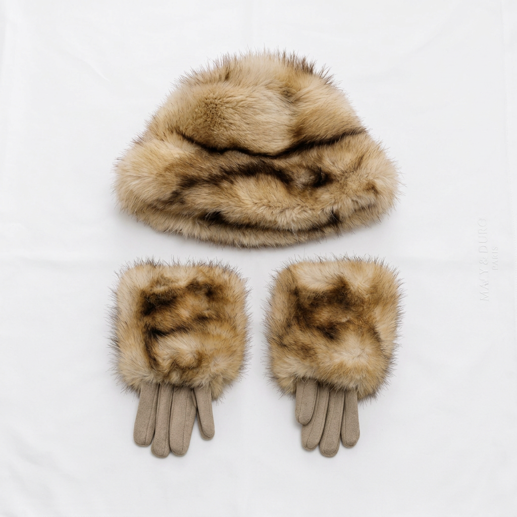 HG1078 Faux Fur Bucket Hat Gloves Set