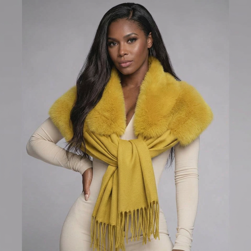 Woman modeling Sir Fredericks faux fur pashmina scarf styled as an elegant winter accessory.