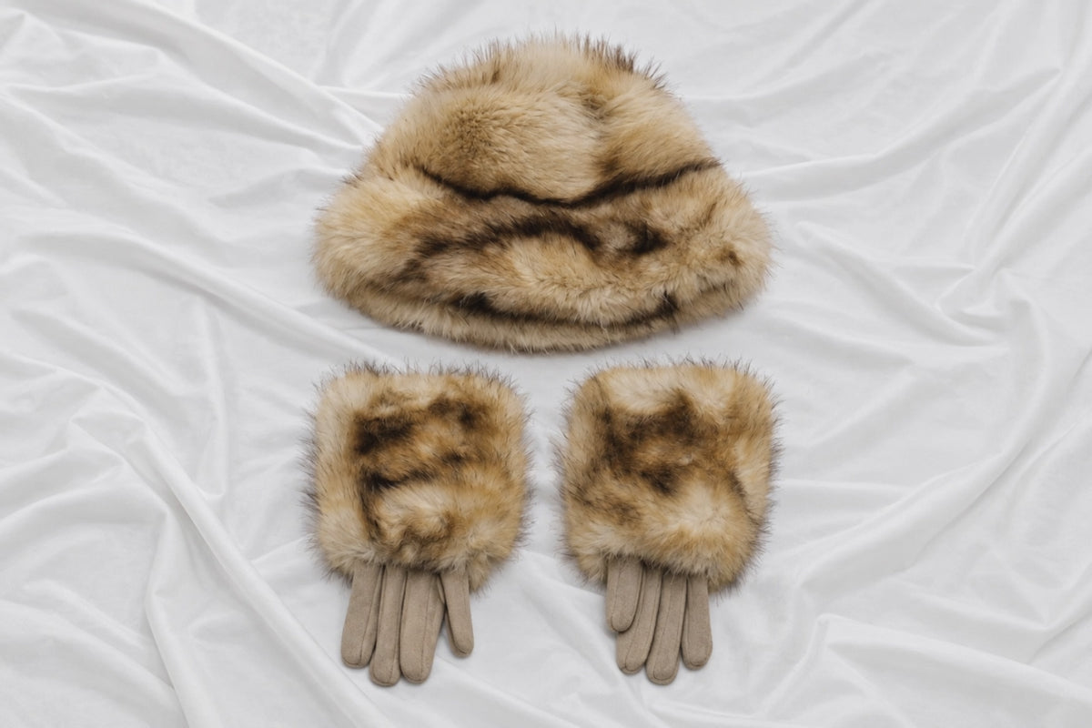 HG1078 Faux Fur Bucket Hat Gloves Set
