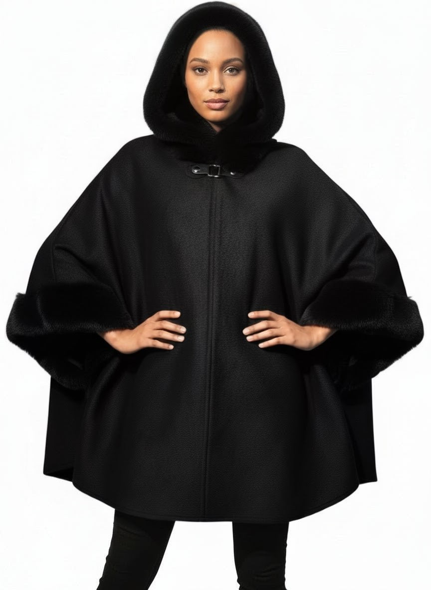 Hooded Faux Fur Shawl Poncho