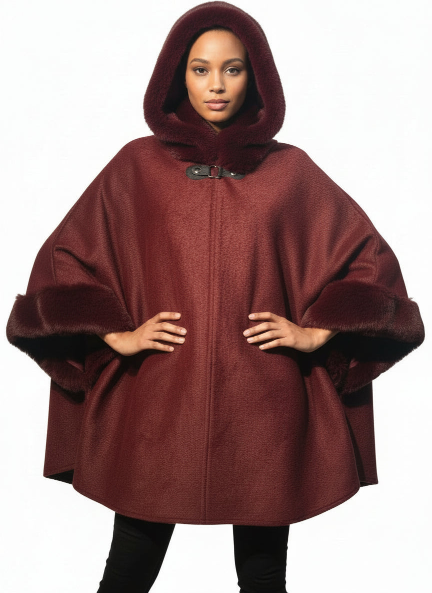 Hooded Faux Fur Shawl Poncho
